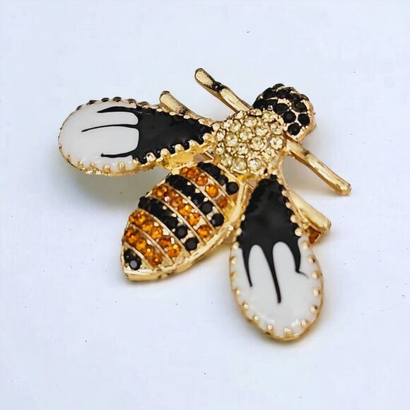 Crystal Rhinestone Bee Pin Insect Enamel Brooch Yellow & Black Statement Unisex - Picture 3 of 10